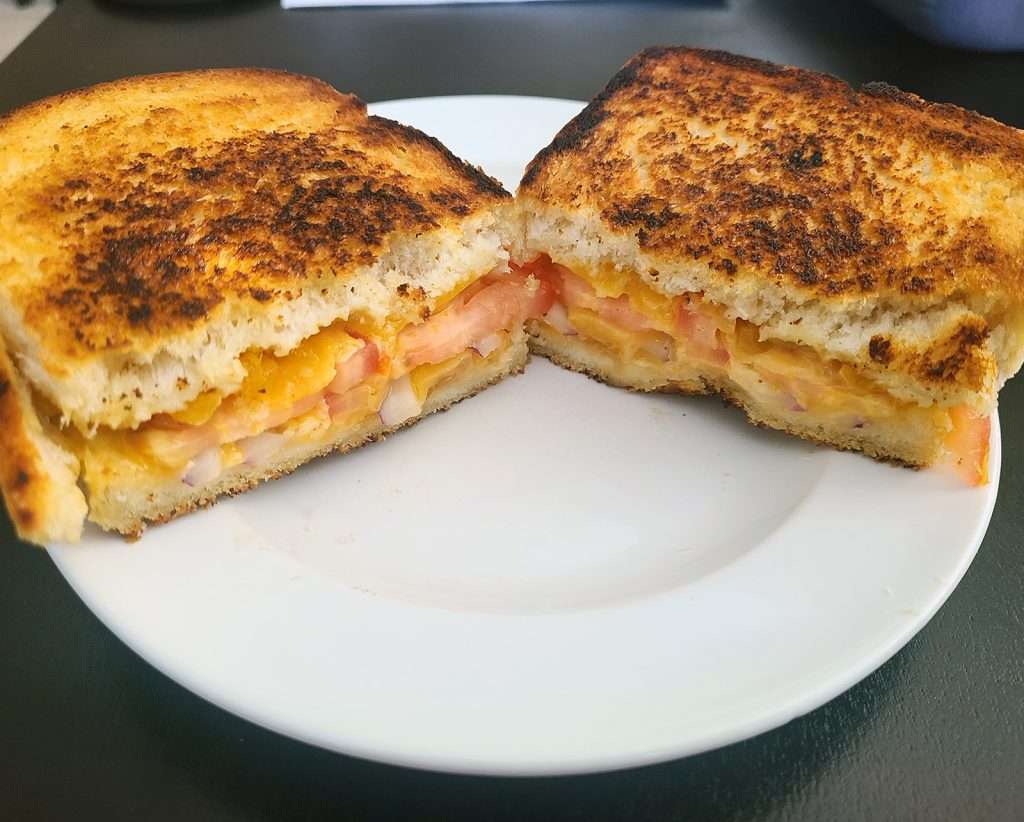 Braaibroodjie (Grilled Cheese with Tomato, Onion, and Apricot Chutney)