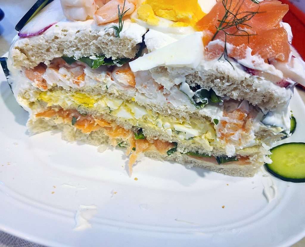 Smörgåstårta (Sandwich Cake) - sliced